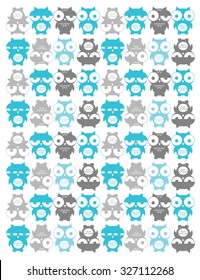 Seamless texture of many sleepy and cheerful owls on a white background. A sample texture for print, interior decorations and cards. Vector.