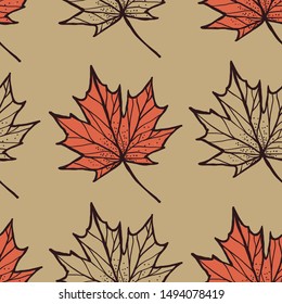 Seamless texture with Maple leaves. Autumn Vintage style Illustration. 