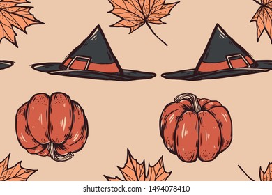 Seamless texture with Maple leaves, pumpkins, and witch hats. Halloween Autumn Harvesting style. 