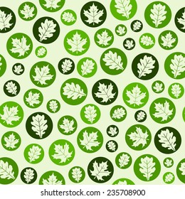 Seamless texture with maple and oak leaves in circles. Natural background illustration.