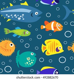 Seamless texture with a marine fish and bubbles