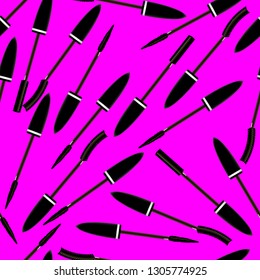 Seamless texture with mascara tassels. Black scattered brushes from the mascara on a pink background. Vector illustration.