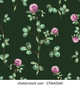 Seamless texture with meadow clover on dark green.