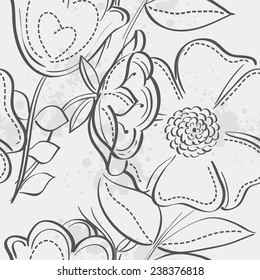 Seamless texture of meadow flowers. black contour