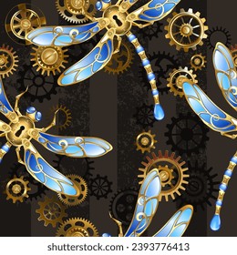 Textura sin foco con libélulas mecánicas, doradas, decoradas con alas azules, de vidrio con arcos de oro y latón sobre fondo rayado, texturado y marrón. Estilo Steampunk.