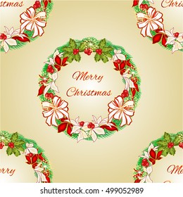Seamless texture Merry Christmas Wreath with white bows and poinsettia vector illustration