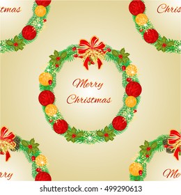 Seamless texture Merry Christmas Wreath  with Christmas baubles and pine cones vector illustration