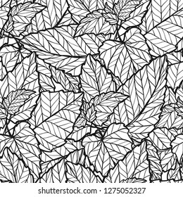 Seamless texture with mint leaves. Spring uncolored background. Repeating pattern. Can be used as wallpaper, desktop, wrapping, fabric or background for your blog, covers, cards.