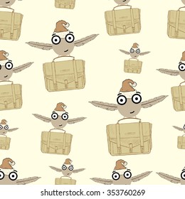 Seamless texture with monsters in caps with a portfolio