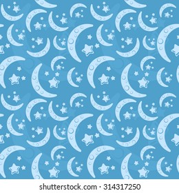 Seamless texture with moon and star on the blue background