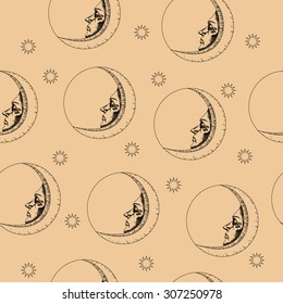 seamless texture with moon stylized engraving