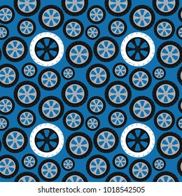 seamless texture with motorcycle wheel tire on blue background