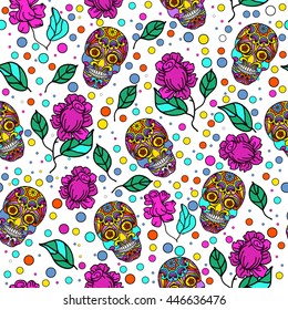 Seamless texture. Multicolor continuously pattern of rose flower and skull.