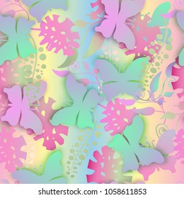 Seamless texture. Multicolor pattern of butterflies, flowers and leaves.