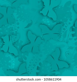 Seamless texture. Multicolor pattern of butterflies, flowers and leaves.