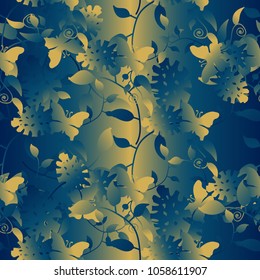 Seamless texture. Multicolor pattern of butterflies, flowers and leaves.