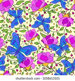 Seamless texture. Multicolor pattern of butterflies, flowers and leaves.