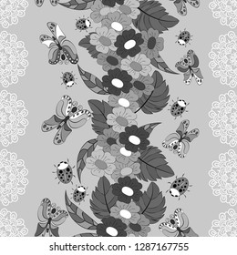 Seamless texture. Multicolor pattern of butterflies, flowers , ladybug and leaves. Doodle style, funny picture. Monochrome, black and white drawing.