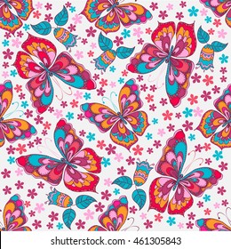 Seamless texture. Multicolor pattern of butterflies, flowers and leaves.
