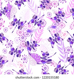 Seamless texture. Multicolor pattern of dragonflies, flowers and tropical leaves. Design for cover, wrapper, fabric or embroidery