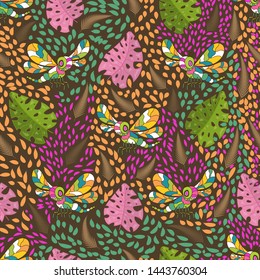 Seamless texture. Multicolor pattern of dragonflies , flowers and leaves. Imitation of children's drawing. Gentle, spring, summer floral background.