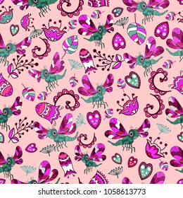 Seamless texture. Multicolor pattern of dragonflys , flowers and leaves.