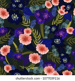 Seamless texture. Multicolor pattern of  flowers and leaves.