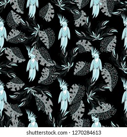  Seamless texture. Multicolor pattern of  flowers, parrots birds, feathers and leaves. Embroidery colorful simplified.