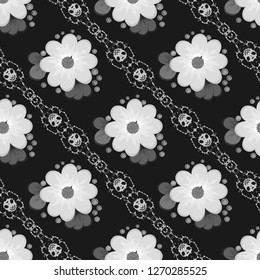  Seamless texture. Multicolor pattern of  flowers and leaves. Embroidery colorful simplified. monochrome black and white