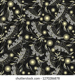  Seamless texture. Multicolor pattern of  flowers, feathers and leaves. Embroidery colorful simplified.