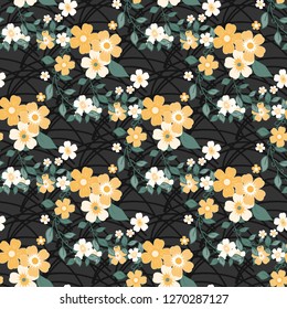 Seamless texture. Multicolor pattern of  flowers and leaves. Embroidery colorful simplified. 