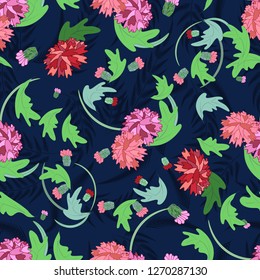  Seamless texture. Multicolor pattern of  flowers and leaves. Embroidery colorful simplified. 
