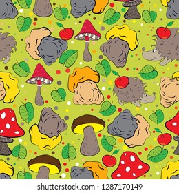 Seamless texture. Multicolor pattern of hedgehogs, mushrooms and leaves. Doodle style, funny picture. 