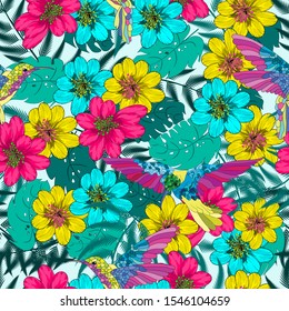 Seamless texture. Multicolor pattern of tropical hummingbird flowers and leaves. . For trendy fabric, cover or wrapper.