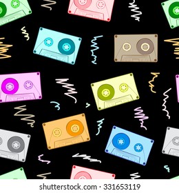 Seamless texture with multi-colored audio cassettes and curves