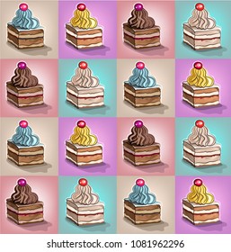 Seamless texture of multi-colored cakes, background with cakes, vector illustration