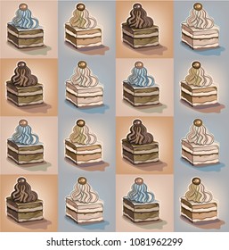 Seamless texture of multi-colored cakes, background with cakes, vector illustration