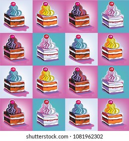 Seamless texture of multi-colored cakes, background with cakes, vector illustration