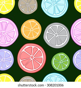 Seamless texture with multi-colored citrus fruit on the dark