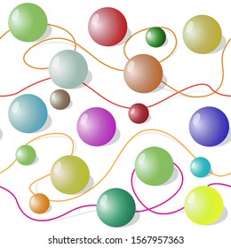 Seamless texture of multi-colored decorative balls and threads (strips, laces, cables)