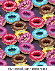 Seamless texture of multicolored donuts, background baking and sweets, vector illustration