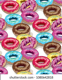 Seamless texture of multicolored donuts, background baking and sweets, vector illustration
