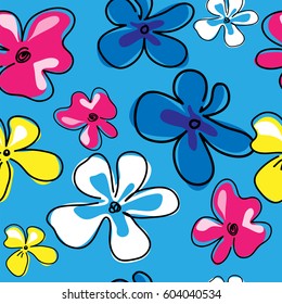 Seamless texture with a multicolored flowers on a blue background