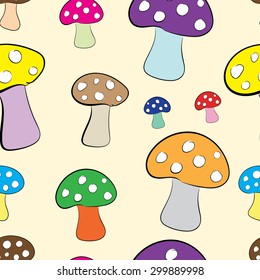 Seamless texture with multi-colored fly agarics on a light background