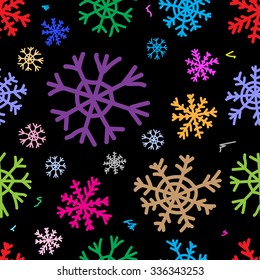 Seamless texture with multi-colored negligent snowflakes on the black