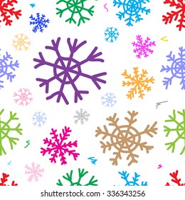 Seamless texture with multi-colored negligent snowflakes on the white