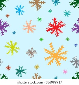 Seamless texture with multi-colored negligent snowflakes on the blue