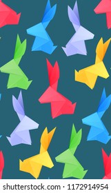 Seamless texture with multicolored origami hares on dark background. Vector 3d pattern for wallpaper, fabrics and your creativity