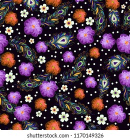 Seamless texture. Multicolored pattern of feathers and flowers. Design for cover, wrapper or fabric.