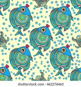 Seamless texture. multicolored pattern fish, turtle, bubbles, detailed Doodles